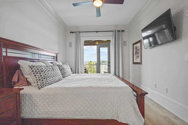 bedroom featuring ceiling fan, access to outside, ornamental molding, and wood-type flooring