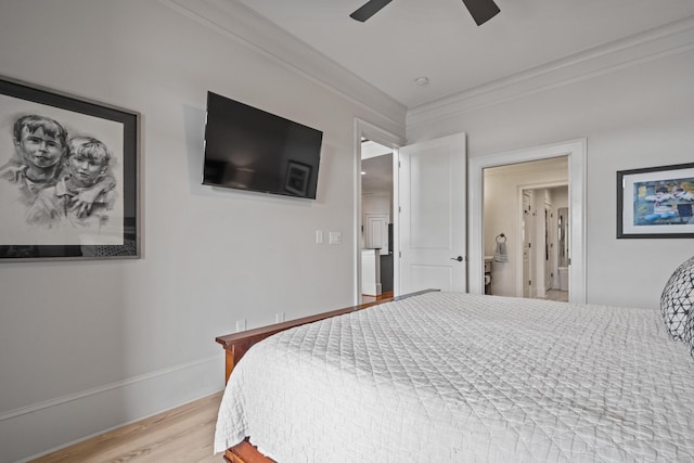 bedroom with crown molding, ceiling fan, and light hardwood / wood-style floors