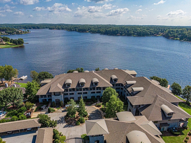 drone / aerial view with a water view