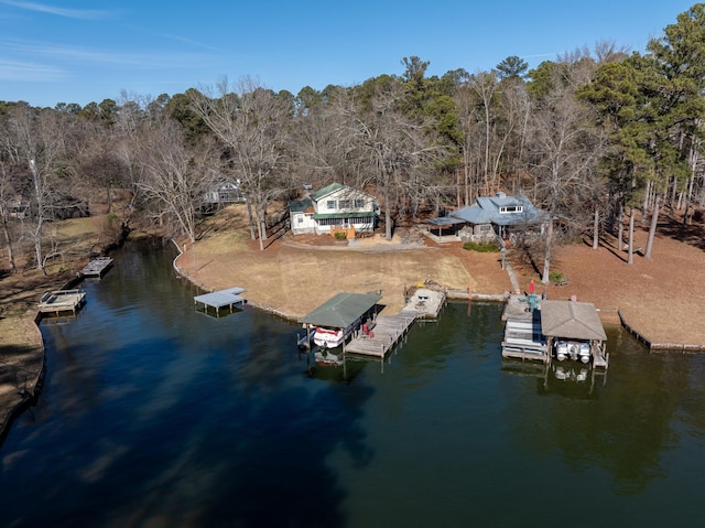 drone / aerial view featuring a water view