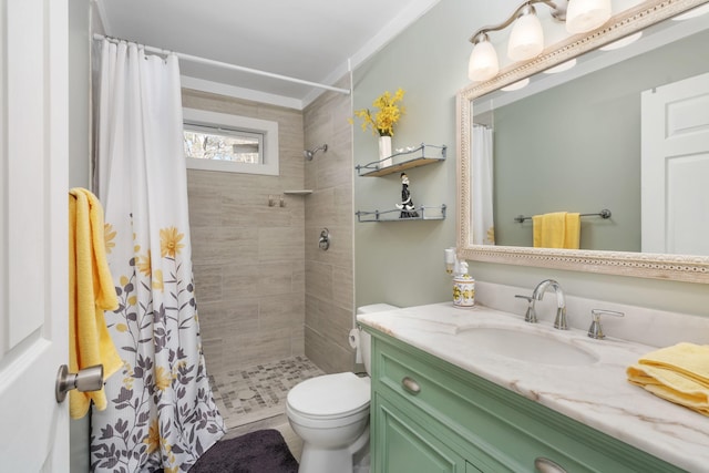 bathroom with vanity, toilet, and a shower with shower curtain