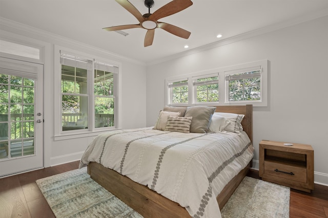 bedroom featuring multiple windows, ornamental molding, access to exterior, and dark hardwood / wood-style flooring