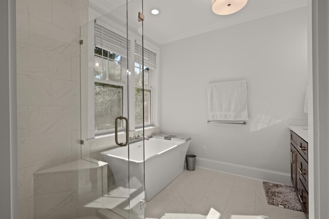 bathroom featuring crown molding, vanity, and plus walk in shower