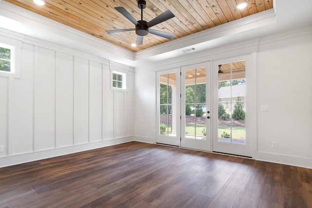 unfurnished room featuring dark hardwood / wood-style floors, ceiling fan, a tray ceiling, wooden ceiling, and french doors