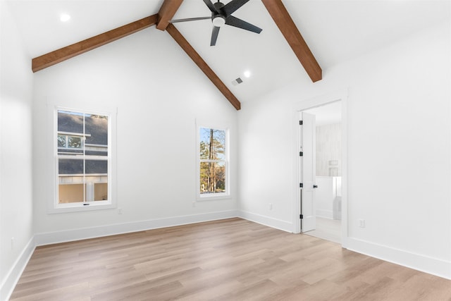 2050 Osprey Poynte, Greensboro, GA 30642 - unfurnished room with a ceiling fan, beam ceiling, plenty of natural light, high vaulted ceiling, and light wood-style floors