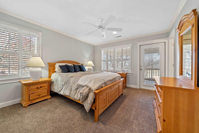 bedroom with access to exterior, carpet flooring, visible vents, and ornamental molding