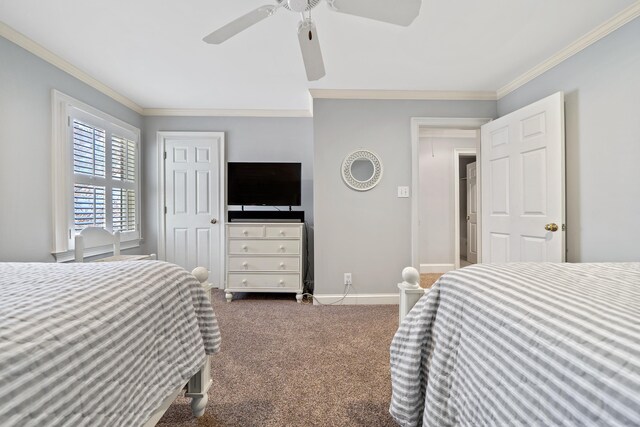 bedroom featuring baseboards, a ceiling fan, ornamental molding, and dark carpet