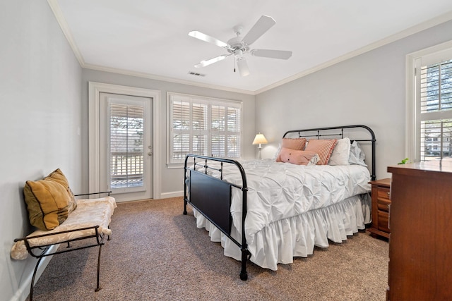 carpeted bedroom with ceiling fan, access to exterior, visible vents, and ornamental molding