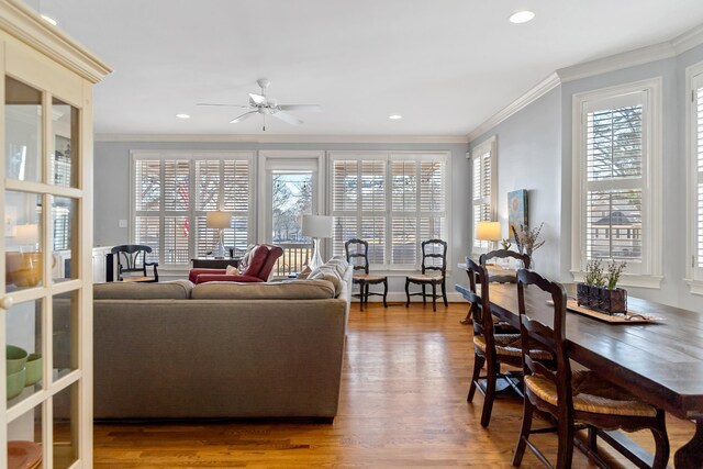 living room featuring crown molding, recessed lighting, wood finished floors, and ceiling fan