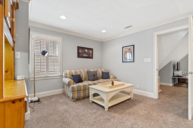 carpeted living room with recessed lighting, baseboards, and ornamental molding