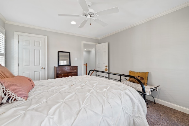 bedroom featuring baseboards, ceiling fan, carpet flooring, and crown molding