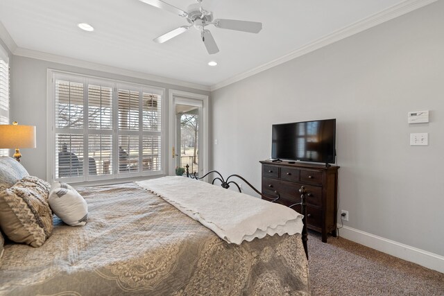 carpeted bedroom featuring ornamental molding, access to outside, recessed lighting, baseboards, and ceiling fan