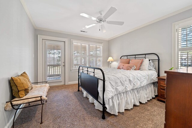 carpeted bedroom featuring access to exterior, crown molding, visible vents, and ceiling fan