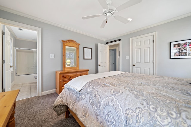 bedroom with light carpet, ornamental molding, ensuite bathroom, baseboards, and ceiling fan