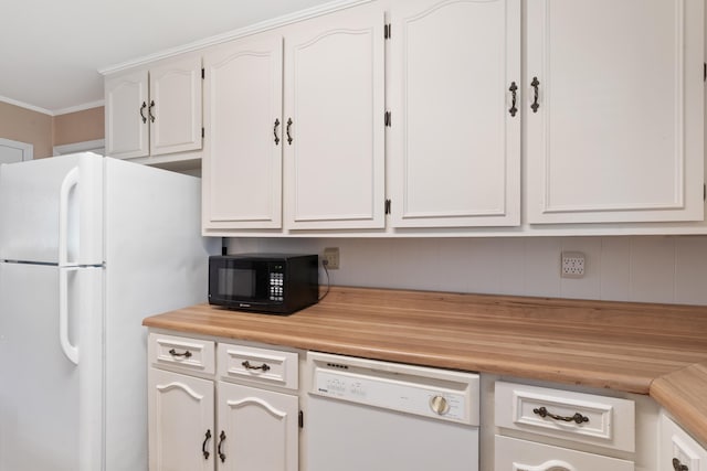 kitchen with light countertops, white cabinetry, white appliances, and ornamental molding