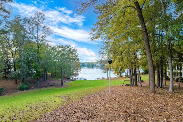view of property's community featuring a water view and a lawn