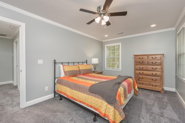 bedroom featuring dark colored carpet, ceiling fan, and crown molding