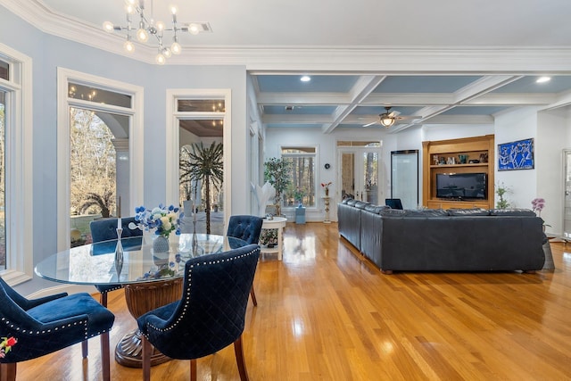 dining area featuring hardwood / wood-style floors, beam ceiling, built in shelves, and coffered ceiling