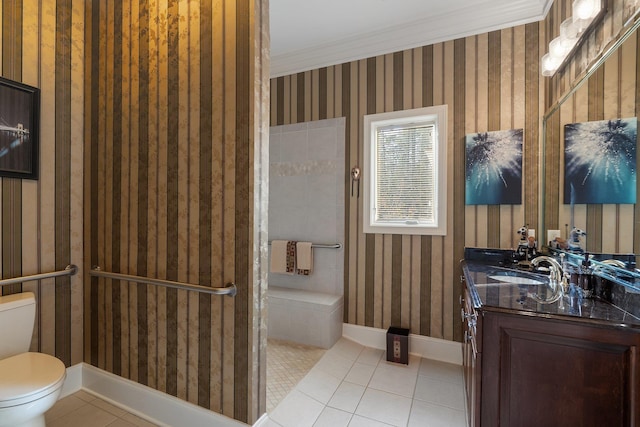 full bathroom with tile patterned flooring, toilet, wallpapered walls, and baseboards