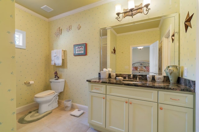 ensuite bathroom with connected bathroom, wallpapered walls, baseboards, toilet, and ornamental molding