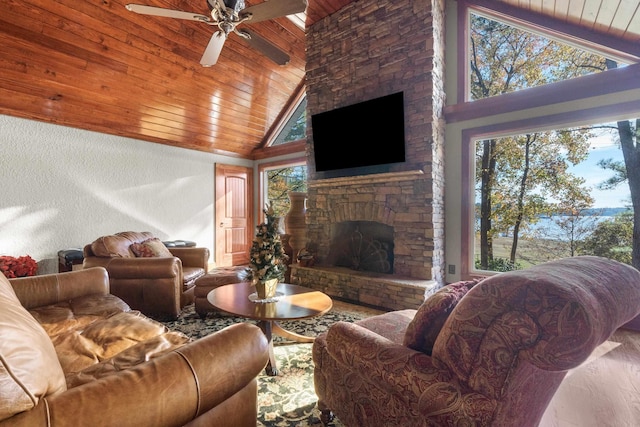 living area featuring high vaulted ceiling, ceiling fan, a wealth of natural light, and wood ceiling