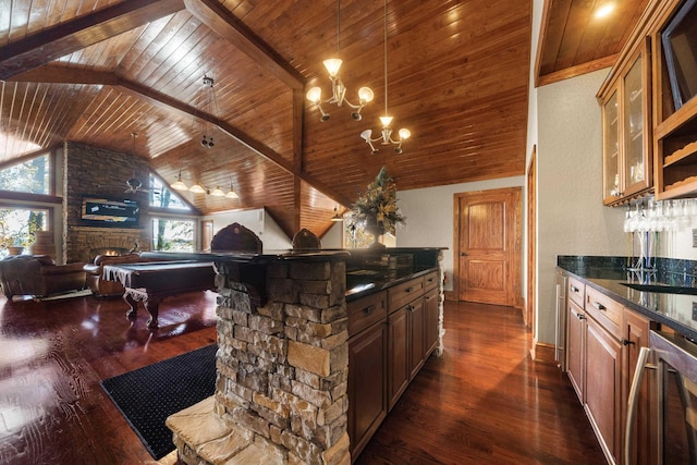kitchen with dark wood-style flooring, lofted ceiling with beams, open floor plan, wooden ceiling, and billiards