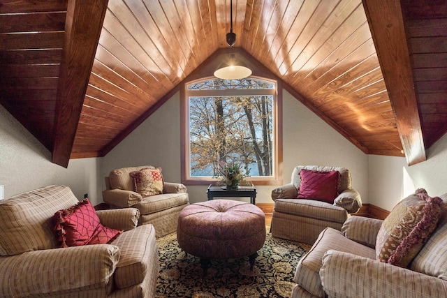 sitting room featuring lofted ceiling and wooden ceiling