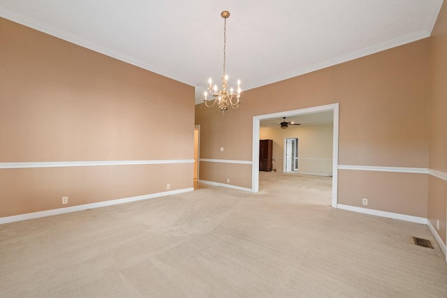 empty room with visible vents, baseboards, ceiling fan with notable chandelier, ornamental molding, and light carpet