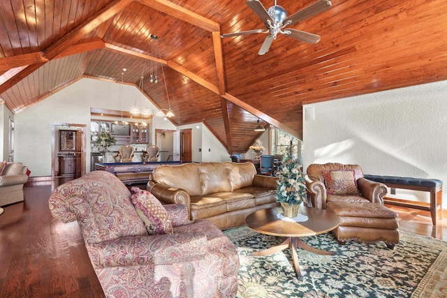 living room with a ceiling fan, wood ceiling, wood finished floors, and high vaulted ceiling