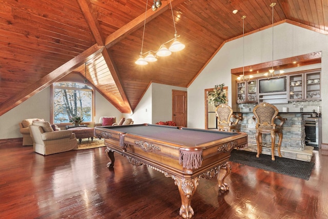 game room with wooden ceiling, pool table, wood finished floors, and lofted ceiling