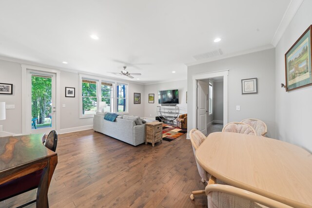 1041 Club Pointe Cir, Greensboro, GA 30642 - living area with ornamental molding, ceiling fan, wood finished floors, recessed lighting, and baseboards