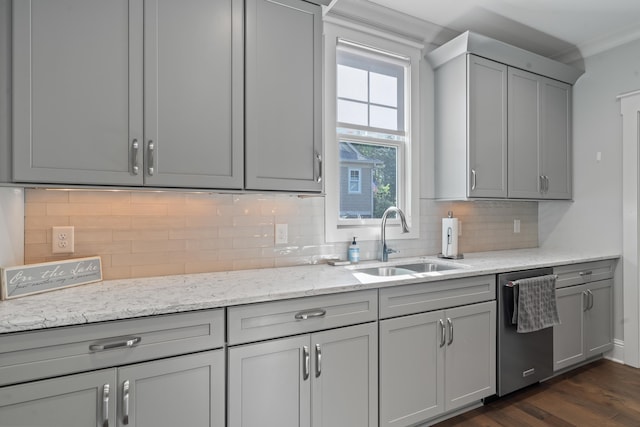 1041 Club Pointe Cir, Greensboro, GA 30642 - kitchen featuring dishwasher, a sink, gray cabinetry, tasteful backsplash, and dark wood-type flooring