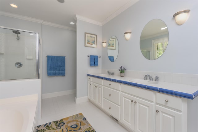 bathroom with ornamental molding, plus walk in shower, tile patterned flooring, and vanity