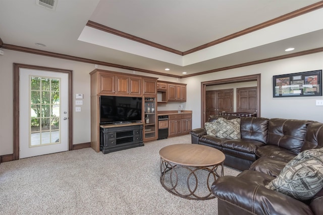 carpeted living room with ornamental molding, a raised ceiling, and sink