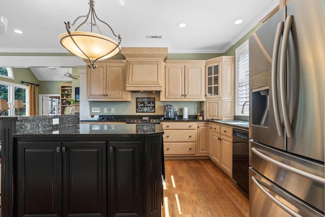 100 Indian Trl, Eatonton, GA 31024 - kitchen with stainless steel fridge with ice dispenser, a sink, dishwasher, light brown cabinets, and wood finished floors