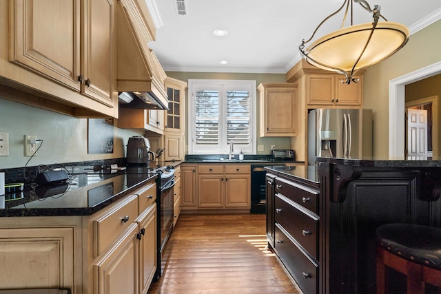 100 Indian Trl, Eatonton, GA 31024 - kitchen featuring visible vents, custom exhaust hood, stainless steel fridge, crown molding, and black range with electric stovetop