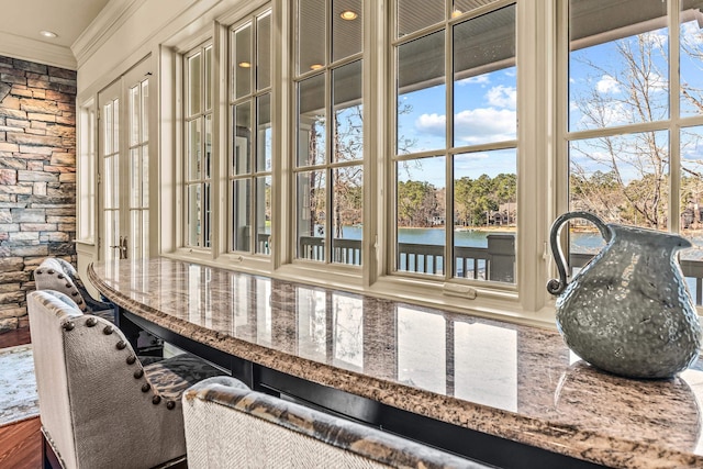 interior details with a water view and ornamental molding