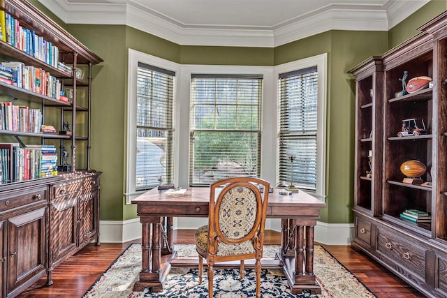 office featuring baseboards, dark wood-style floors, and crown molding