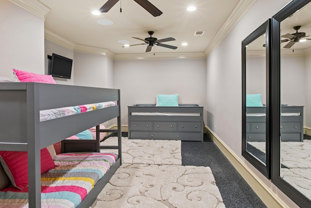 bedroom featuring crown molding, recessed lighting, visible vents, and baseboards