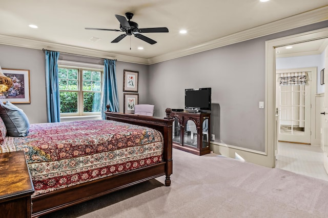 carpeted bedroom with a ceiling fan, crown molding, recessed lighting, and visible vents