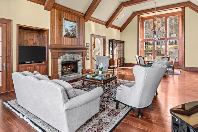 living room featuring baseboards, beam ceiling, a fireplace, dark wood-style floors, and high vaulted ceiling