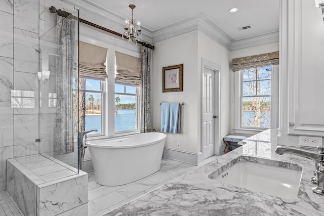 bathroom with ornamental molding, plenty of natural light, marble finish floor, and a sink