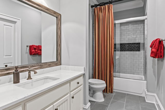 bathroom featuring tile patterned floors, toilet, vanity, and shower / bath combination with curtain