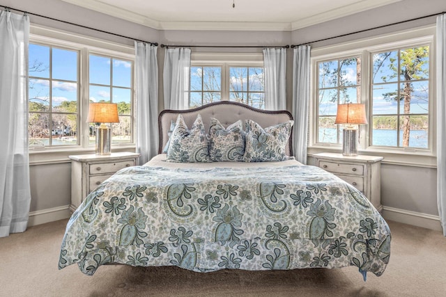 bedroom with crown molding, multiple windows, and carpet floors