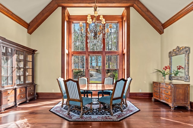 dining space with a chandelier, beamed ceiling, and high vaulted ceiling