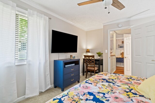 carpeted bedroom with multiple windows, ensuite bath, ornamental molding, and ceiling fan