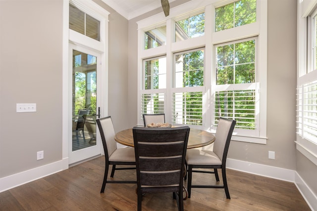 dining area with baseboards, dark wood-style floors, and crown molding