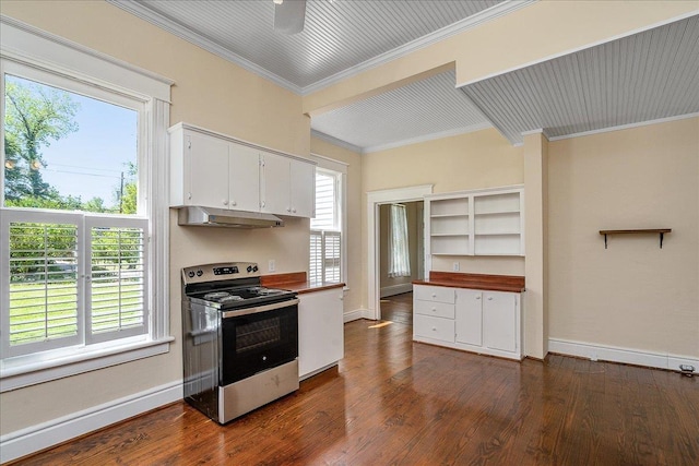 kitchen with stainless steel range with electric stovetop, crown molding, dark wood-type flooring, and white cabinets