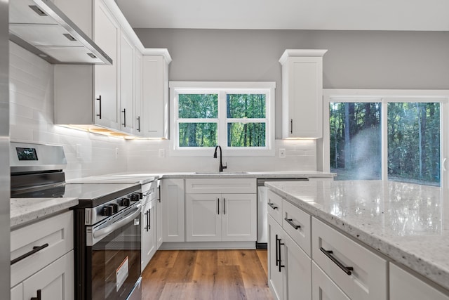 103 Spruce Ln, Eatonton, GA 31024 - kitchen featuring stainless steel electric range oven, wall chimney range hood, a sink, and healthy amount of natural light
