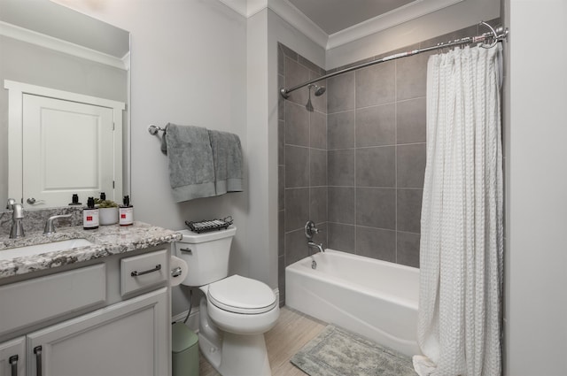 full bathroom with hardwood / wood-style flooring, vanity, ornamental molding, toilet, and shower / bath combo with shower curtain